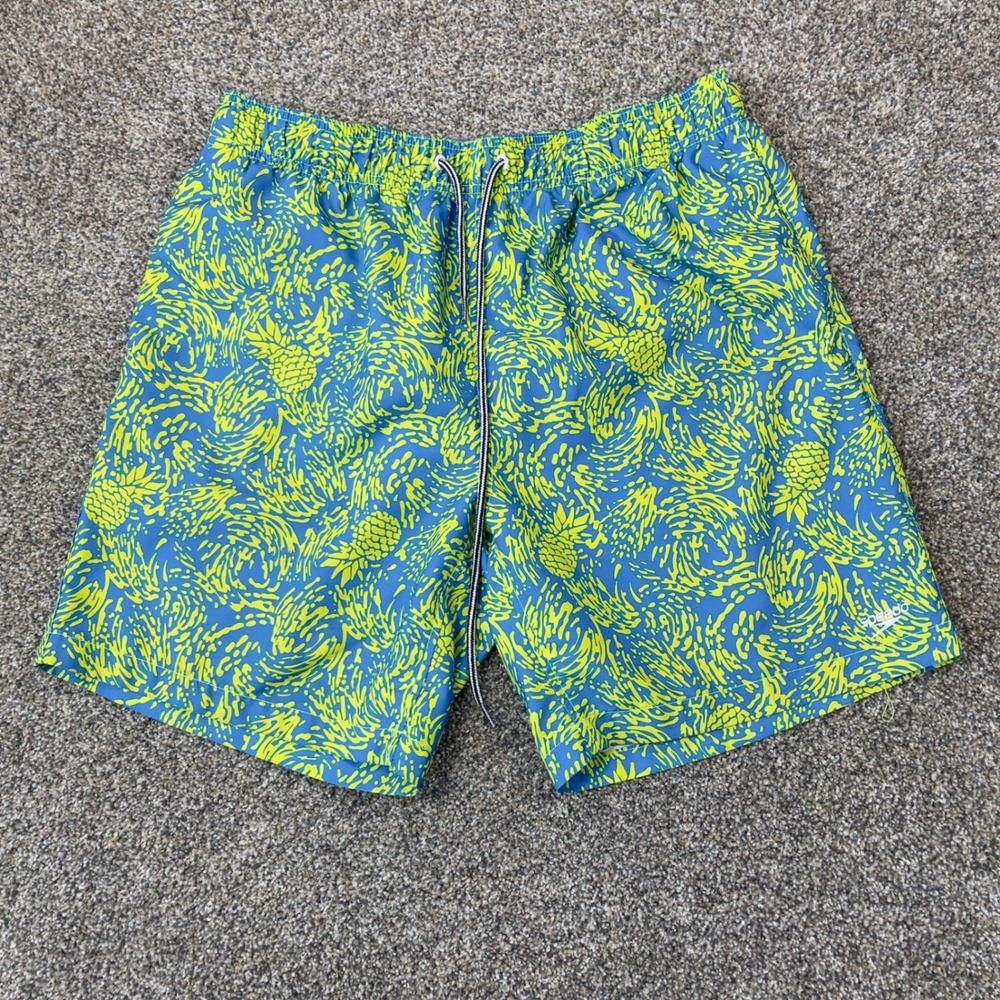 Speedo Mens Swim Trunks‎ Large Blue Lime Green Pineapple Swirl Mesh Lined Shorts